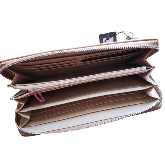 WOMEN'S TAN PU LEATHER GUESS CLUTCH Zip Around WALLET NEW WRISTLET - Picture 3 of 6
